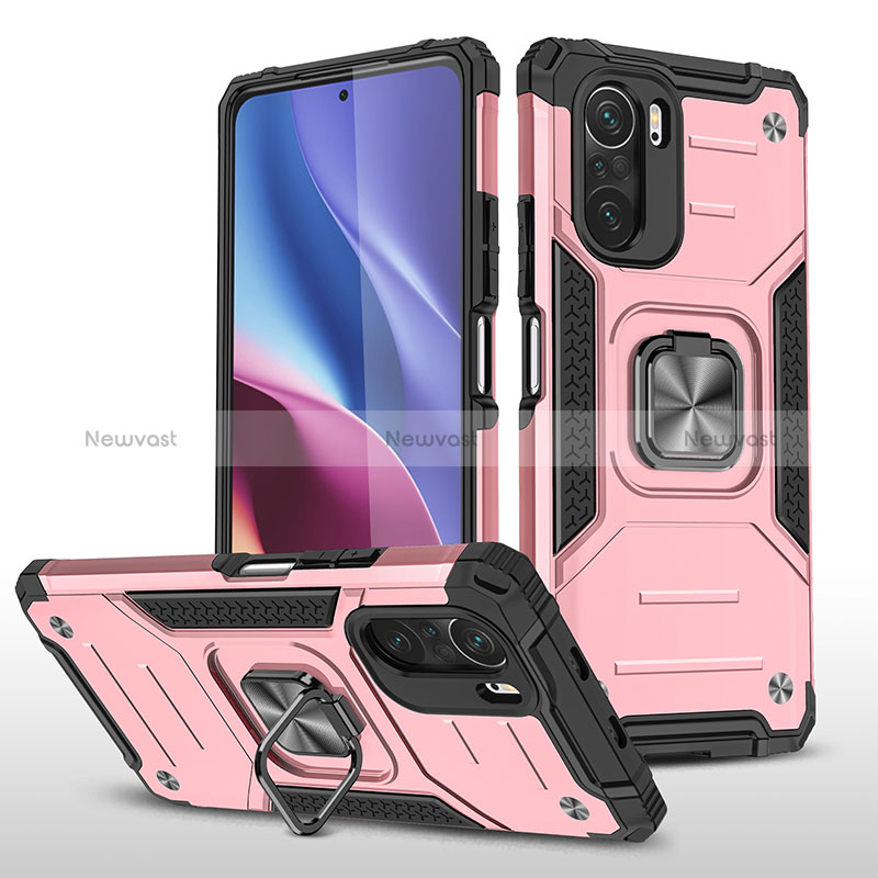 Silicone Matte Finish and Plastic Back Cover Case with Magnetic Finger Ring Stand MQ1 for Xiaomi Poco F3 5G Rose Gold