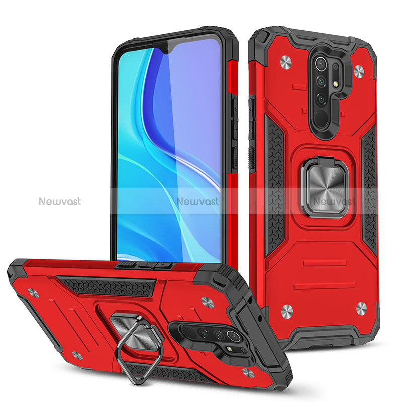 Silicone Matte Finish and Plastic Back Cover Case with Magnetic Finger Ring Stand MQ1 for Xiaomi Poco M2 Red