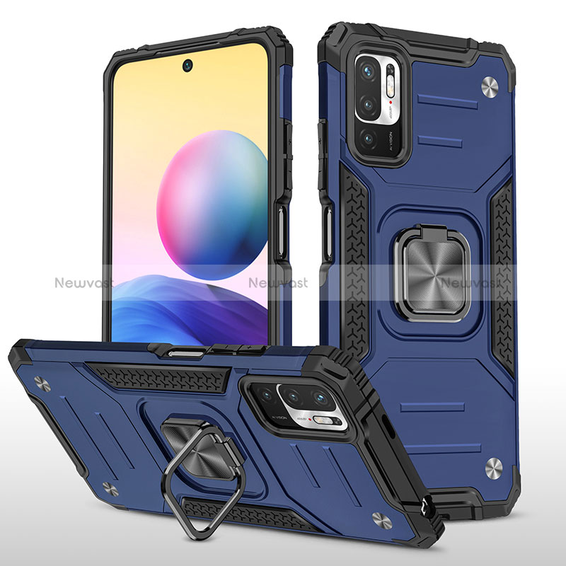 Silicone Matte Finish and Plastic Back Cover Case with Magnetic Finger Ring Stand MQ1 for Xiaomi POCO M3 Pro 5G Blue