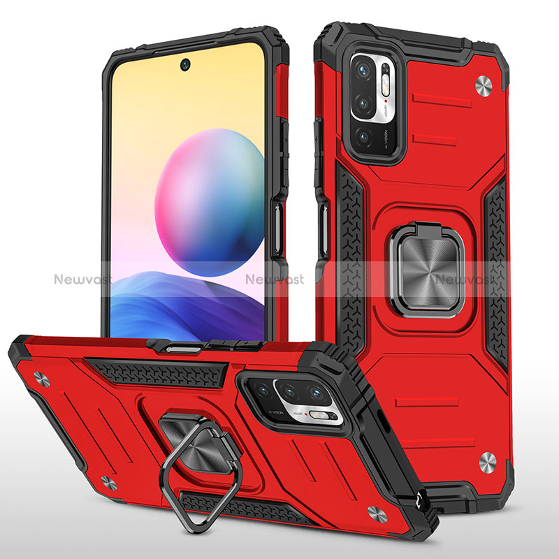Silicone Matte Finish and Plastic Back Cover Case with Magnetic Finger Ring Stand MQ1 for Xiaomi POCO M3 Pro 5G Red