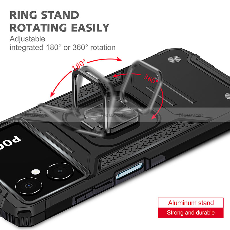 Silicone Matte Finish and Plastic Back Cover Case with Magnetic Finger Ring Stand MQ1 for Xiaomi Poco M4 5G