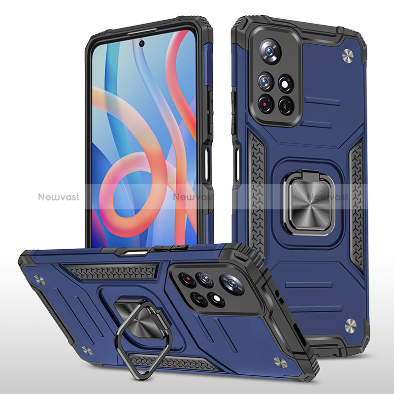 Silicone Matte Finish and Plastic Back Cover Case with Magnetic Finger Ring Stand MQ1 for Xiaomi Poco M4 Pro 5G Blue