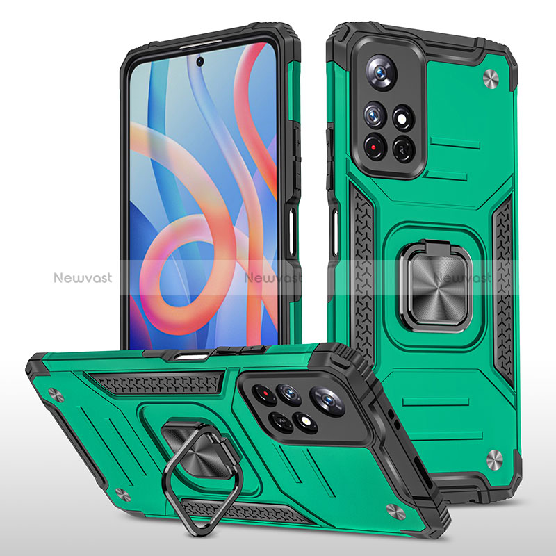 Silicone Matte Finish and Plastic Back Cover Case with Magnetic Finger Ring Stand MQ1 for Xiaomi Poco M4 Pro 5G Midnight Green