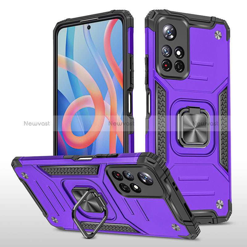 Silicone Matte Finish and Plastic Back Cover Case with Magnetic Finger Ring Stand MQ1 for Xiaomi Poco M4 Pro 5G Purple