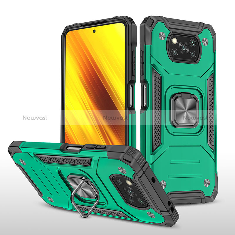 Silicone Matte Finish and Plastic Back Cover Case with Magnetic Finger Ring Stand MQ1 for Xiaomi Poco X3 Midnight Green