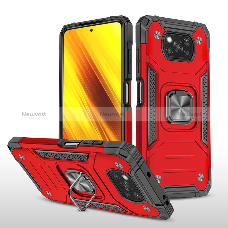 Silicone Matte Finish and Plastic Back Cover Case with Magnetic Finger Ring Stand MQ1 for Xiaomi Poco X3 Red