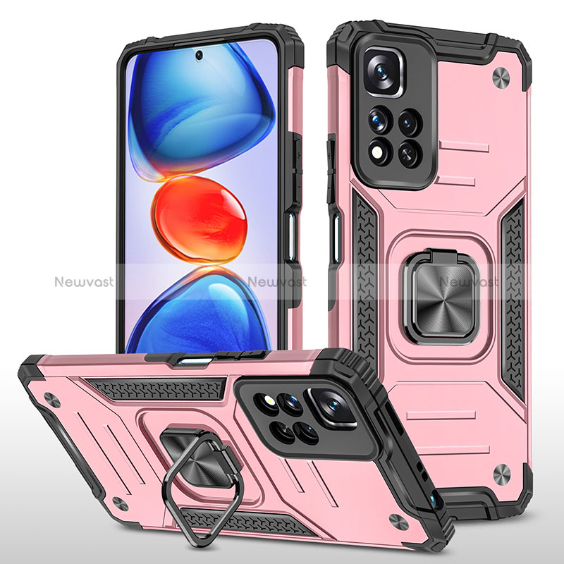 Silicone Matte Finish and Plastic Back Cover Case with Magnetic Finger Ring Stand MQ1 for Xiaomi Poco X4 NFC Rose Gold