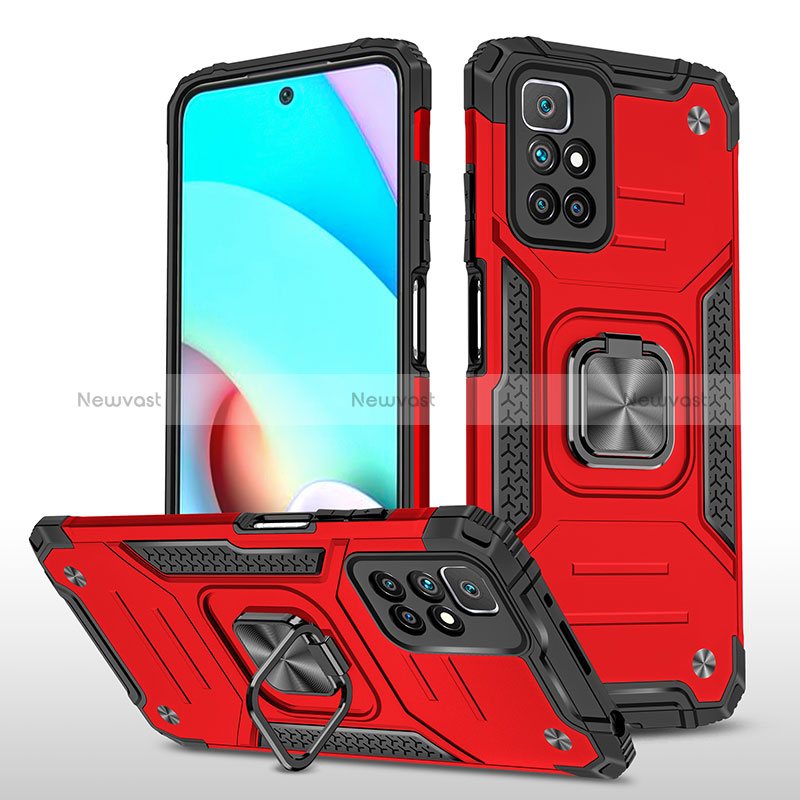 Silicone Matte Finish and Plastic Back Cover Case with Magnetic Finger Ring Stand MQ1 for Xiaomi Redmi 10 4G Red