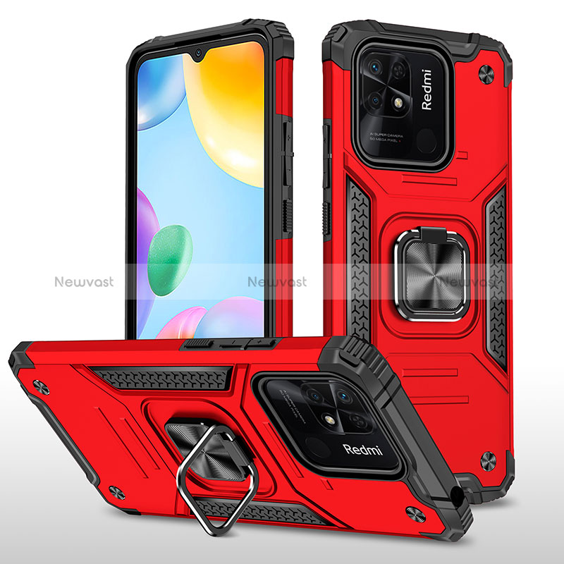 Silicone Matte Finish and Plastic Back Cover Case with Magnetic Finger Ring Stand MQ1 for Xiaomi Redmi 10 India Red