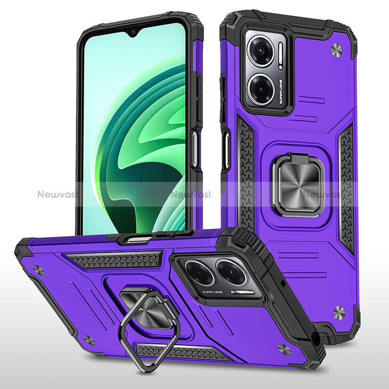 Silicone Matte Finish and Plastic Back Cover Case with Magnetic Finger Ring Stand MQ1 for Xiaomi Redmi 11 Prime 5G Purple