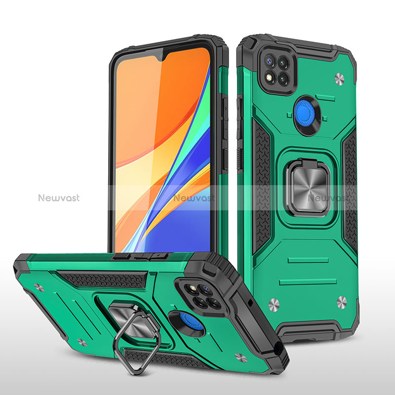 Silicone Matte Finish and Plastic Back Cover Case with Magnetic Finger Ring Stand MQ1 for Xiaomi Redmi 9 Activ Midnight Green