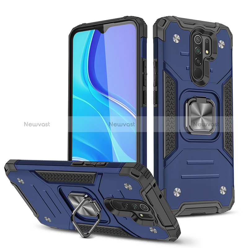 Silicone Matte Finish and Plastic Back Cover Case with Magnetic Finger Ring Stand MQ1 for Xiaomi Redmi 9 Blue