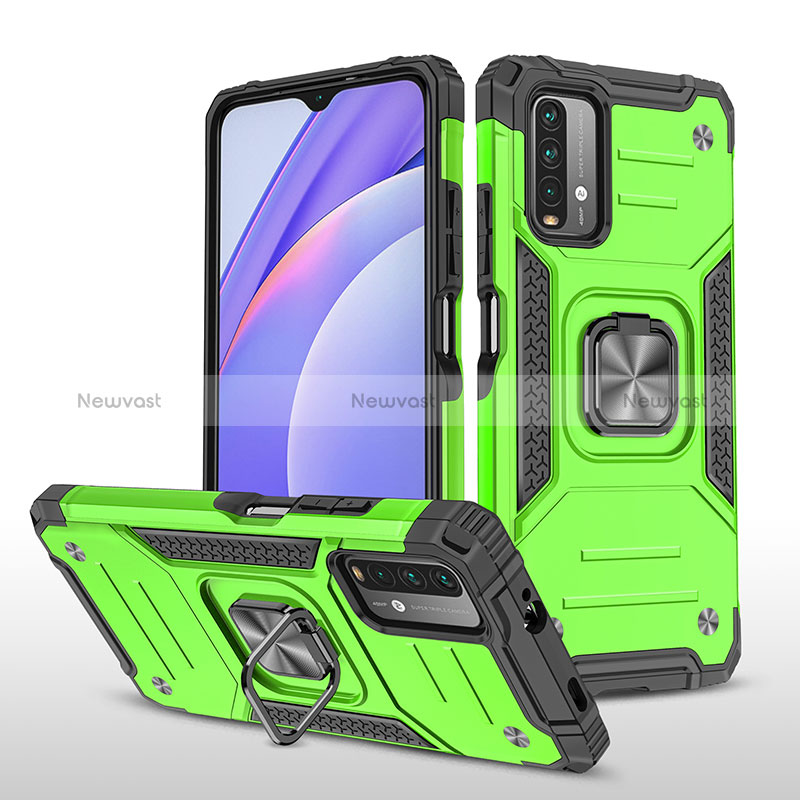 Silicone Matte Finish and Plastic Back Cover Case with Magnetic Finger Ring Stand MQ1 for Xiaomi Redmi 9 Power Green