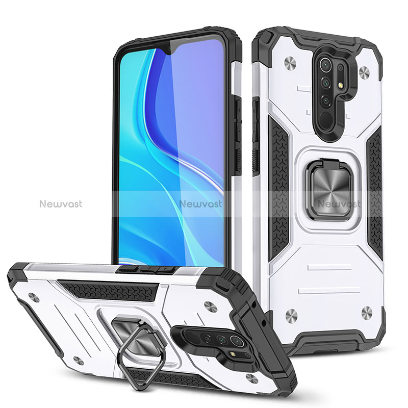 Silicone Matte Finish and Plastic Back Cover Case with Magnetic Finger Ring Stand MQ1 for Xiaomi Redmi 9 Prime India Silver