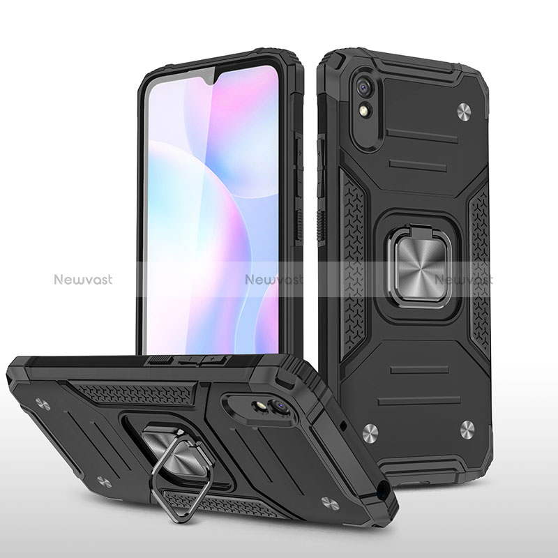 Silicone Matte Finish and Plastic Back Cover Case with Magnetic Finger Ring Stand MQ1 for Xiaomi Redmi 9A Black