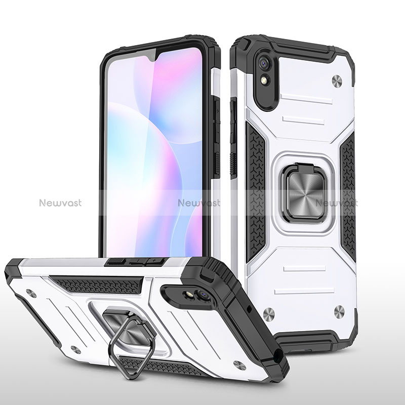 Silicone Matte Finish and Plastic Back Cover Case with Magnetic Finger Ring Stand MQ1 for Xiaomi Redmi 9A Silver