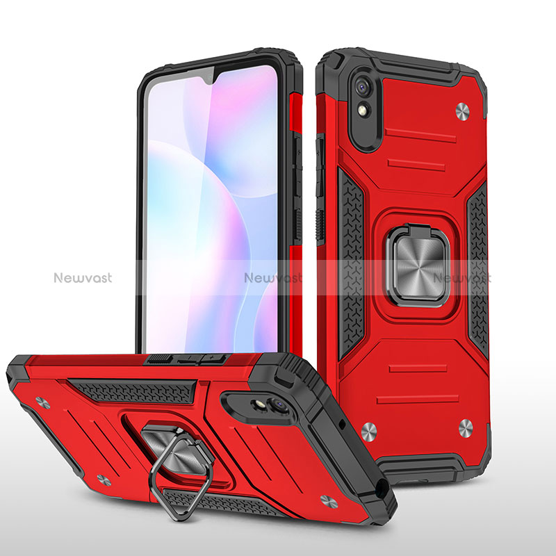 Silicone Matte Finish and Plastic Back Cover Case with Magnetic Finger Ring Stand MQ1 for Xiaomi Redmi 9AT Red