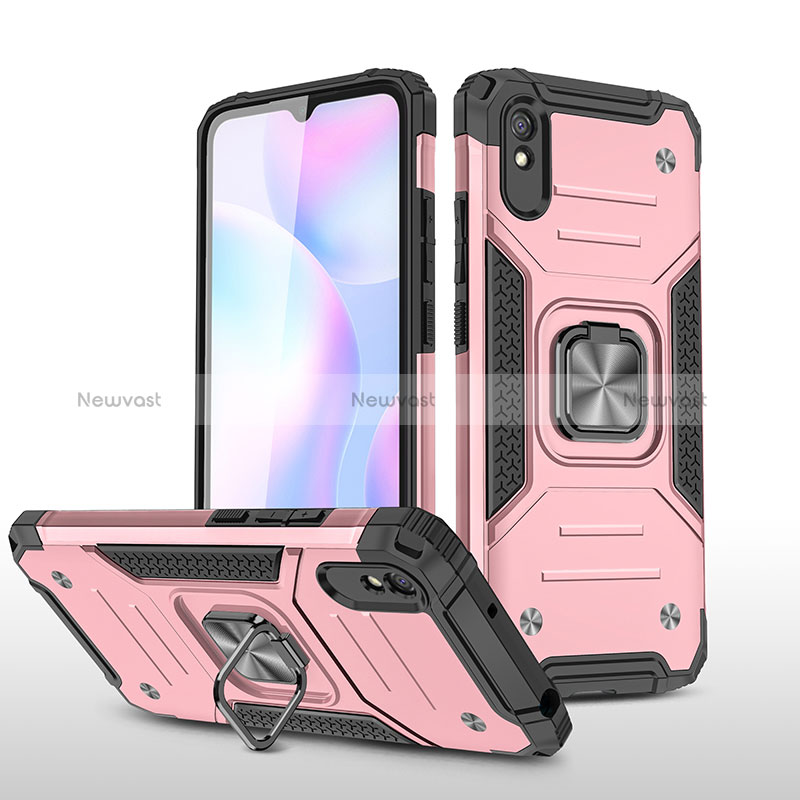 Silicone Matte Finish and Plastic Back Cover Case with Magnetic Finger Ring Stand MQ1 for Xiaomi Redmi 9i Rose Gold