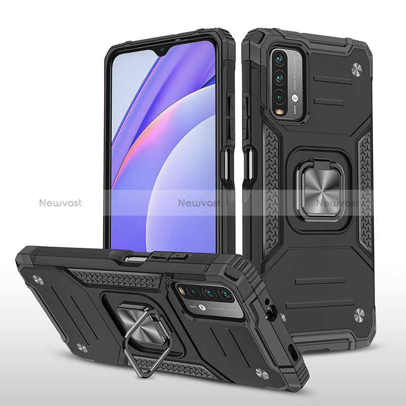 Silicone Matte Finish and Plastic Back Cover Case with Magnetic Finger Ring Stand MQ1 for Xiaomi Redmi 9T 4G Black