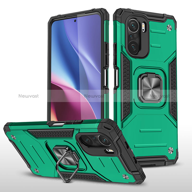 Silicone Matte Finish and Plastic Back Cover Case with Magnetic Finger Ring Stand MQ1 for Xiaomi Redmi K40 5G Midnight Green