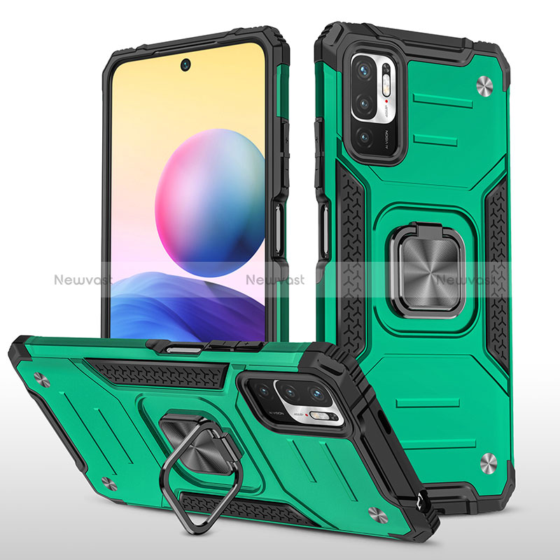 Silicone Matte Finish and Plastic Back Cover Case with Magnetic Finger Ring Stand MQ1 for Xiaomi Redmi Note 10 5G Midnight Green