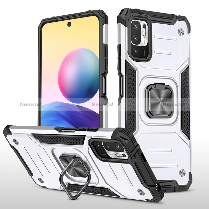 Silicone Matte Finish and Plastic Back Cover Case with Magnetic Finger Ring Stand MQ1 for Xiaomi Redmi Note 10 5G Silver