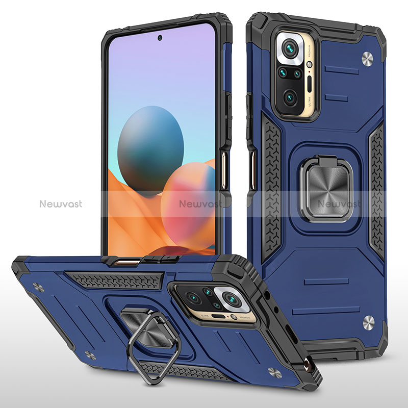 Silicone Matte Finish and Plastic Back Cover Case with Magnetic Finger Ring Stand MQ1 for Xiaomi Redmi Note 10 Pro 4G Blue