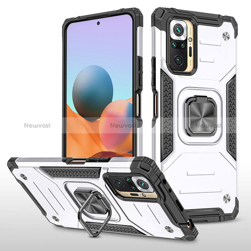 Silicone Matte Finish and Plastic Back Cover Case with Magnetic Finger Ring Stand MQ1 for Xiaomi Redmi Note 10 Pro Max Silver