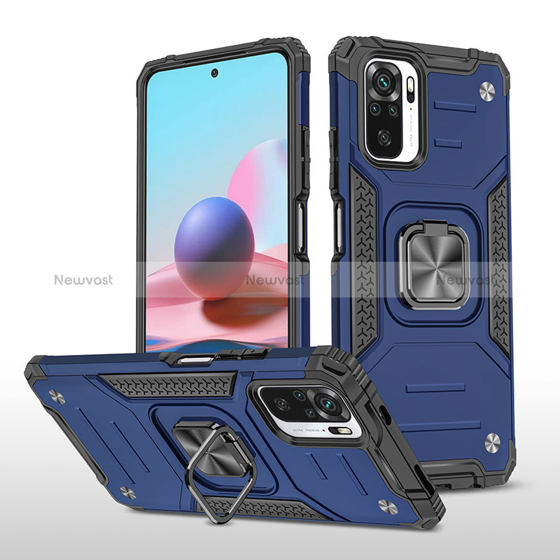Silicone Matte Finish and Plastic Back Cover Case with Magnetic Finger Ring Stand MQ1 for Xiaomi Redmi Note 10S 4G Blue