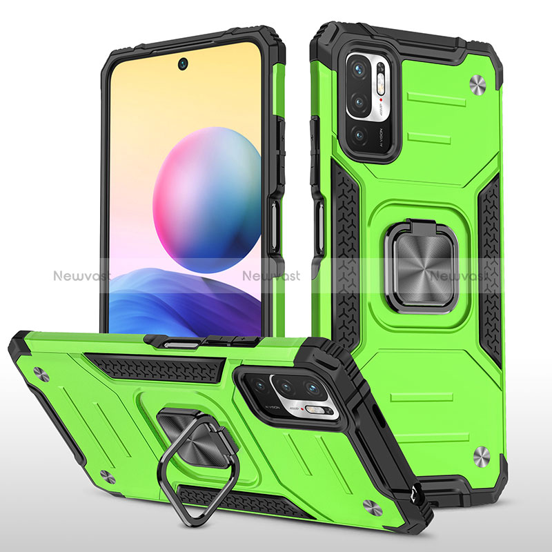 Silicone Matte Finish and Plastic Back Cover Case with Magnetic Finger Ring Stand MQ1 for Xiaomi Redmi Note 10T 5G Green