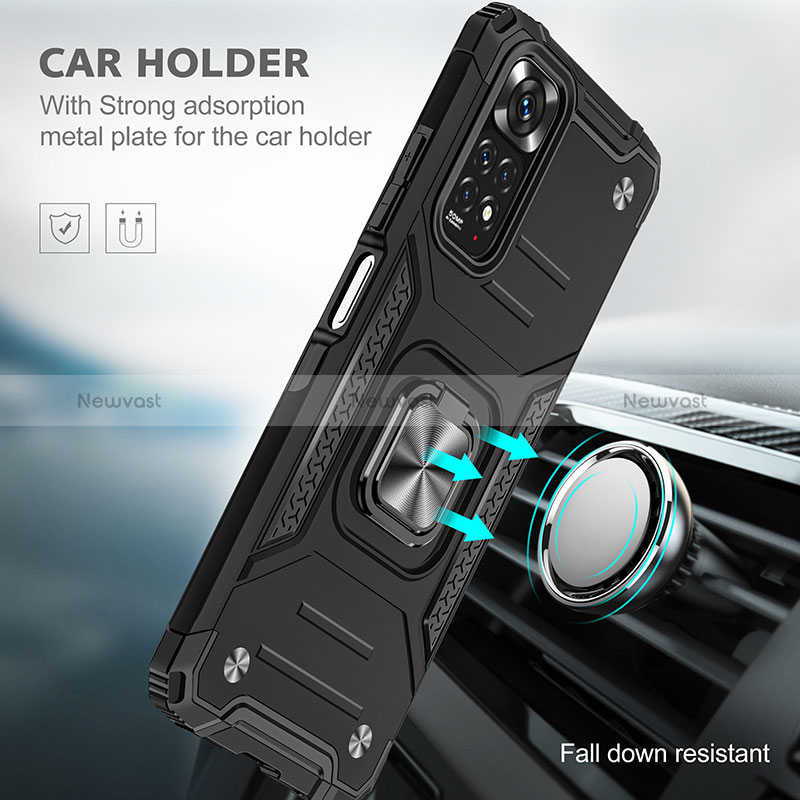 Silicone Matte Finish and Plastic Back Cover Case with Magnetic Finger Ring Stand MQ1 for Xiaomi Redmi Note 11 4G (2022)