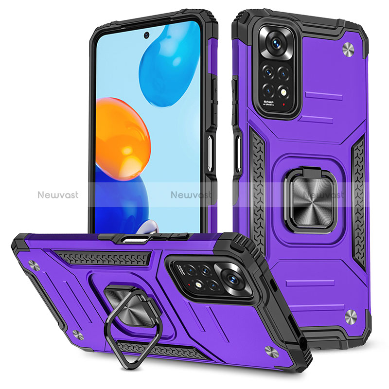 Silicone Matte Finish and Plastic Back Cover Case with Magnetic Finger Ring Stand MQ1 for Xiaomi Redmi Note 11 4G (2022) Purple