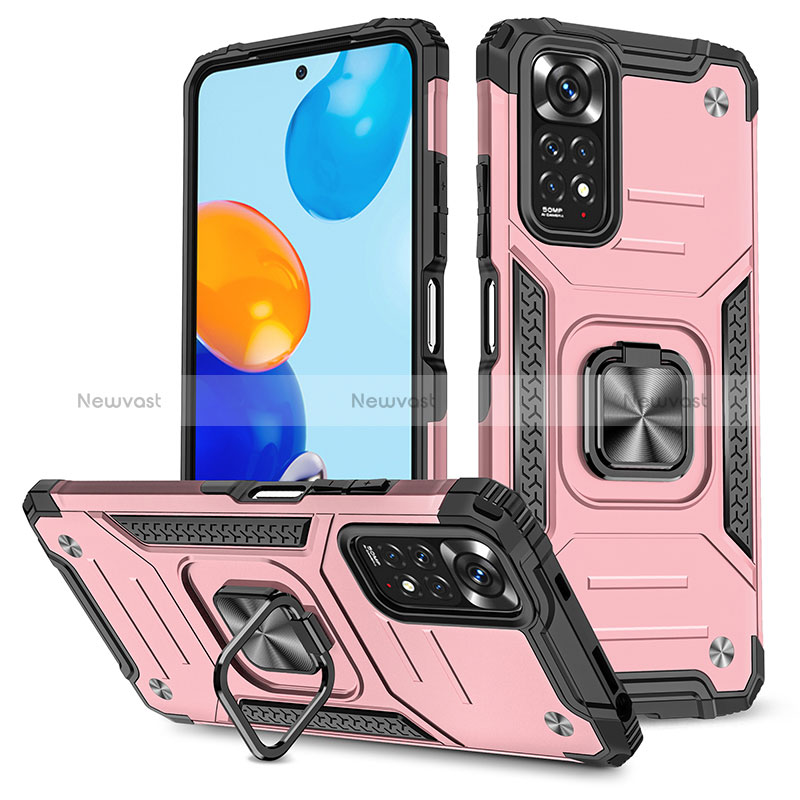 Silicone Matte Finish and Plastic Back Cover Case with Magnetic Finger Ring Stand MQ1 for Xiaomi Redmi Note 11 4G (2022) Rose Gold