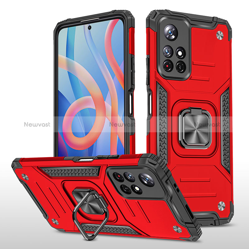 Silicone Matte Finish and Plastic Back Cover Case with Magnetic Finger Ring Stand MQ1 for Xiaomi Redmi Note 11 5G Red