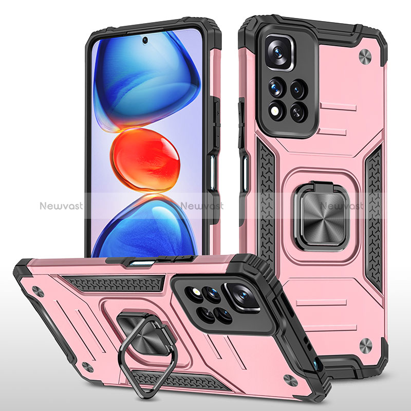 Silicone Matte Finish and Plastic Back Cover Case with Magnetic Finger Ring Stand MQ1 for Xiaomi Redmi Note 11 Pro+ Plus 5G Rose Gold