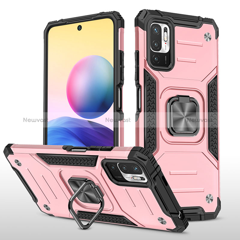 Silicone Matte Finish and Plastic Back Cover Case with Magnetic Finger Ring Stand MQ1 for Xiaomi Redmi Note 11 SE 5G Rose Gold