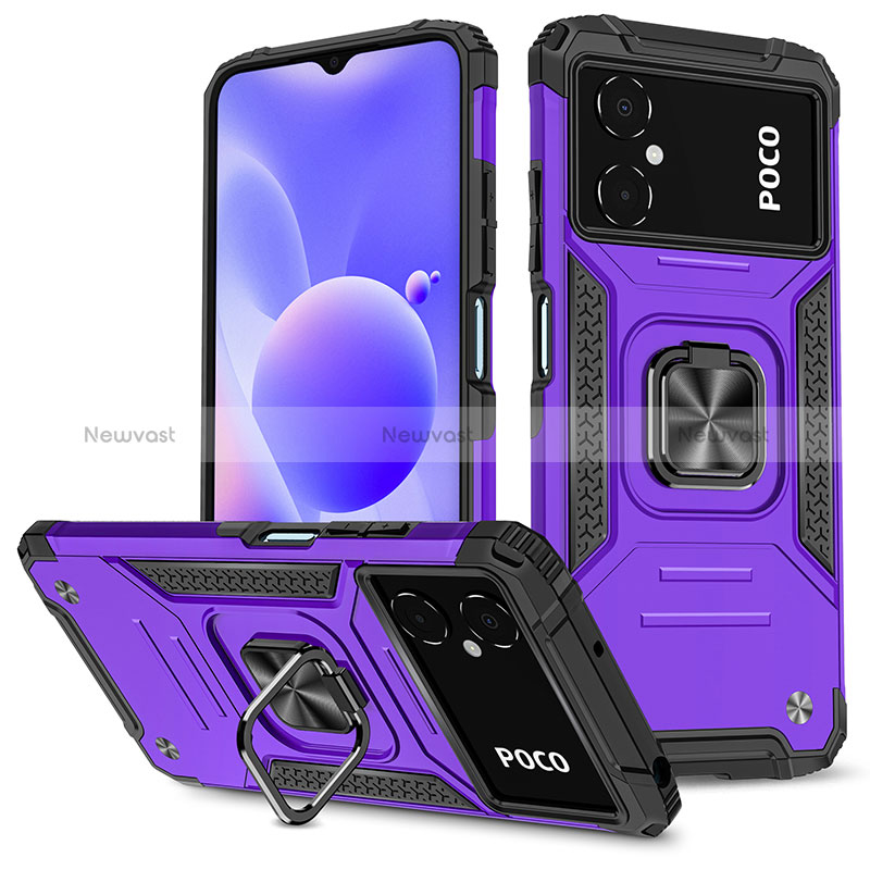 Silicone Matte Finish and Plastic Back Cover Case with Magnetic Finger Ring Stand MQ1 for Xiaomi Redmi Note 11R 5G Purple