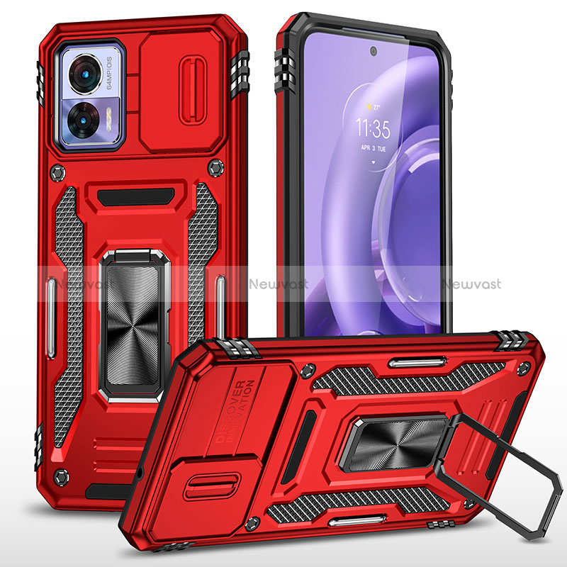 Silicone Matte Finish and Plastic Back Cover Case with Magnetic Finger Ring Stand MQ2 for Motorola Moto Edge 30 Lite 5G Red