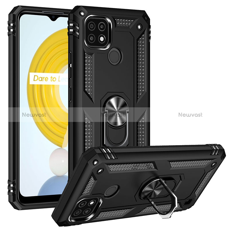 Silicone Matte Finish and Plastic Back Cover Case with Magnetic Finger Ring Stand MQ2 for Realme C21 Black