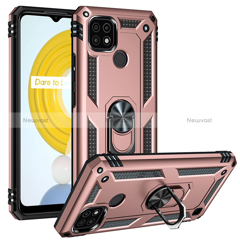 Silicone Matte Finish and Plastic Back Cover Case with Magnetic Finger Ring Stand MQ2 for Realme C21 Rose Gold