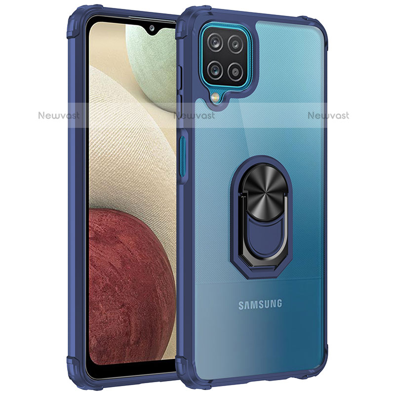 Silicone Matte Finish and Plastic Back Cover Case with Magnetic Finger Ring Stand MQ2 for Samsung Galaxy A12 Blue