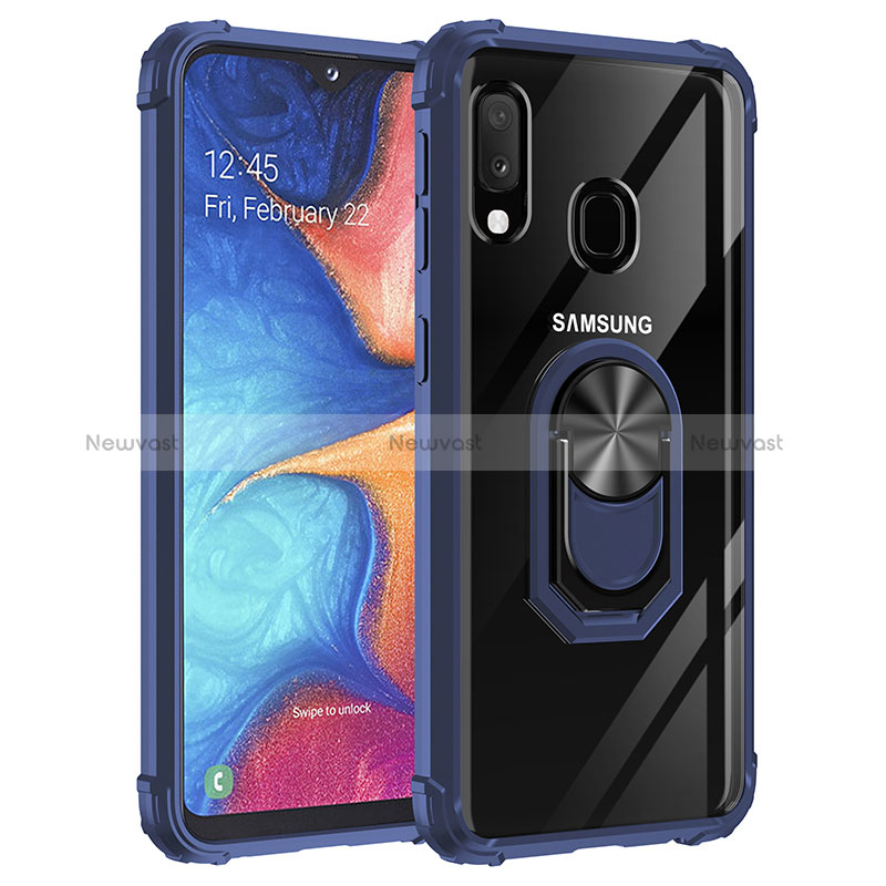 Silicone Matte Finish and Plastic Back Cover Case with Magnetic Finger Ring Stand MQ2 for Samsung Galaxy A20e Blue