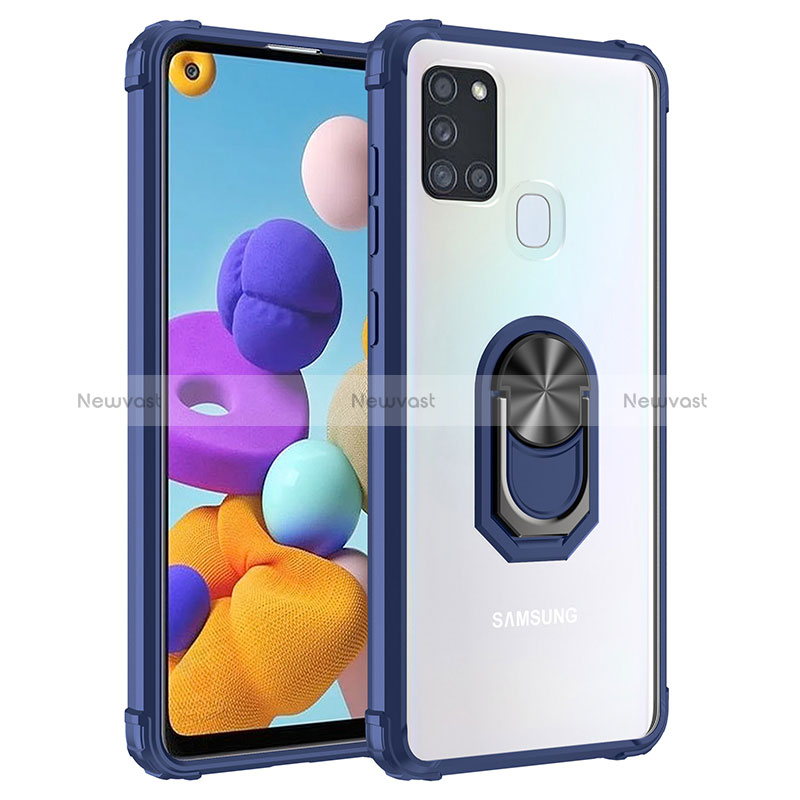 Silicone Matte Finish and Plastic Back Cover Case with Magnetic Finger Ring Stand MQ2 for Samsung Galaxy A21s Blue