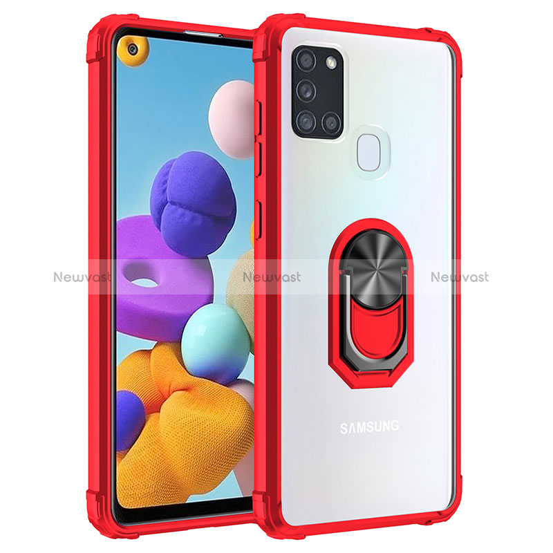 Silicone Matte Finish and Plastic Back Cover Case with Magnetic Finger Ring Stand MQ2 for Samsung Galaxy A21s Red