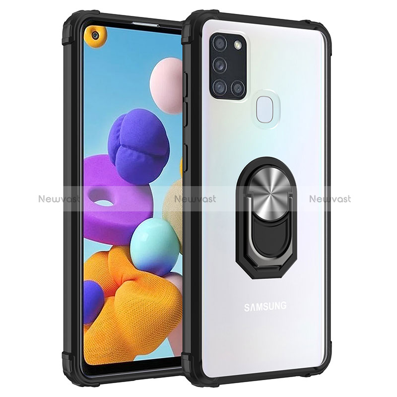 Silicone Matte Finish and Plastic Back Cover Case with Magnetic Finger Ring Stand MQ2 for Samsung Galaxy A21s Silver and Black