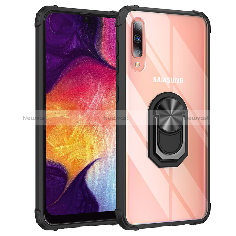 Silicone Matte Finish and Plastic Back Cover Case with Magnetic Finger Ring Stand MQ2 for Samsung Galaxy A30S Black