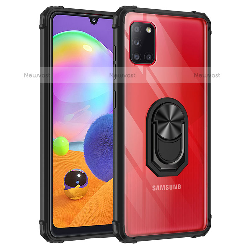 Silicone Matte Finish and Plastic Back Cover Case with Magnetic Finger Ring Stand MQ2 for Samsung Galaxy A31 Black