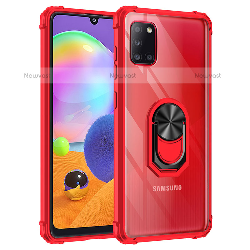 Silicone Matte Finish and Plastic Back Cover Case with Magnetic Finger Ring Stand MQ2 for Samsung Galaxy A31 Red