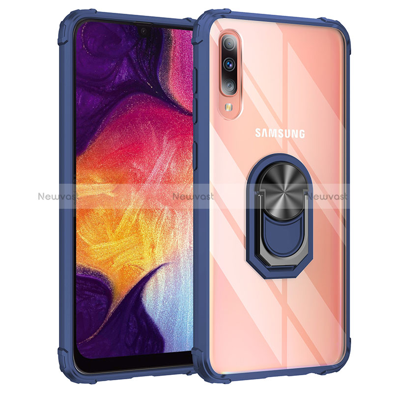 Silicone Matte Finish and Plastic Back Cover Case with Magnetic Finger Ring Stand MQ2 for Samsung Galaxy A50 Blue