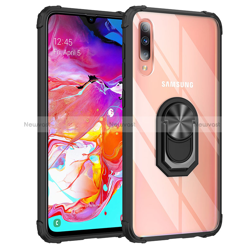 Silicone Matte Finish and Plastic Back Cover Case with Magnetic Finger Ring Stand MQ2 for Samsung Galaxy A70S Black